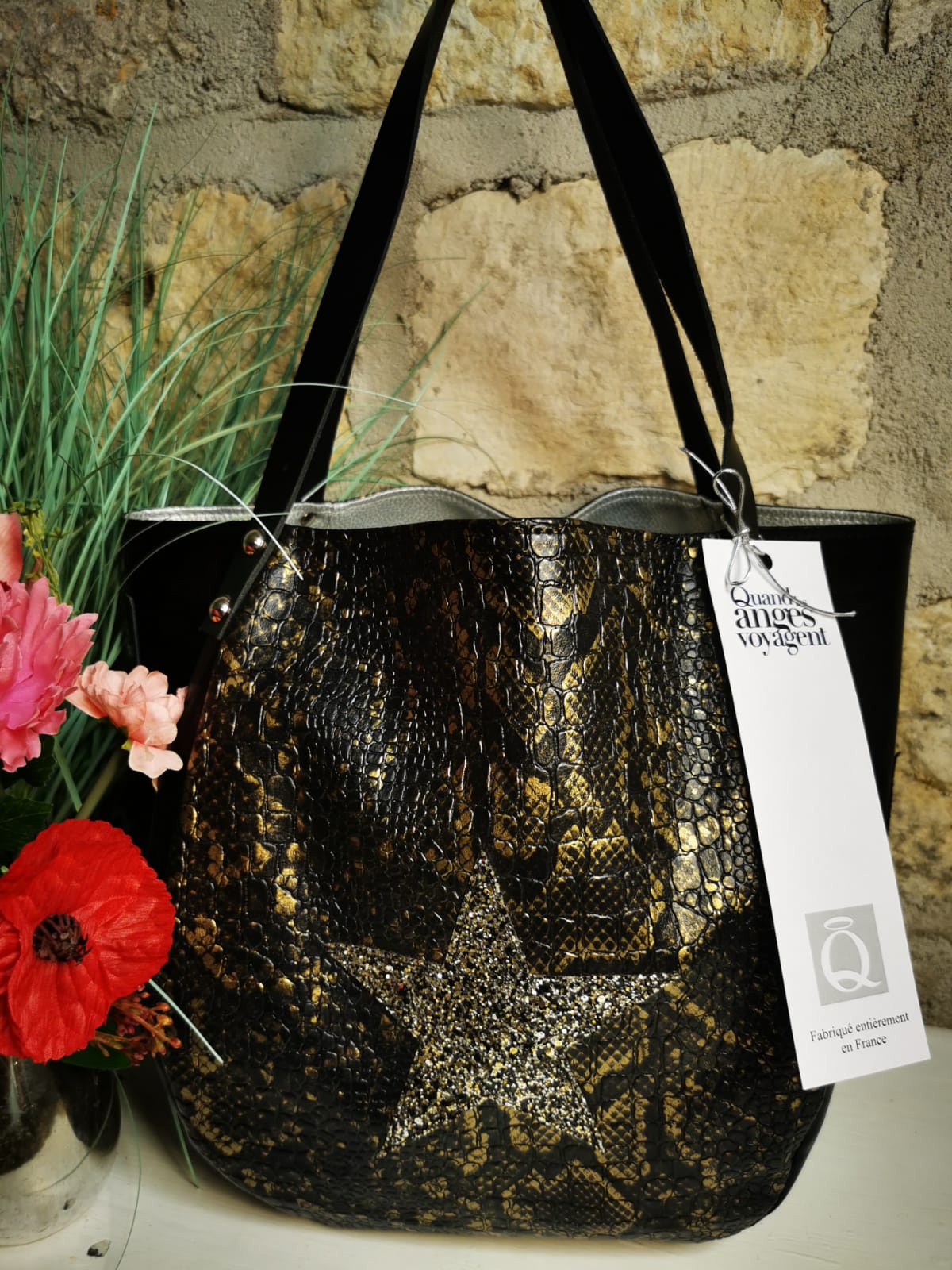 Sac baluchon en simili reptile noir et or – Image 12