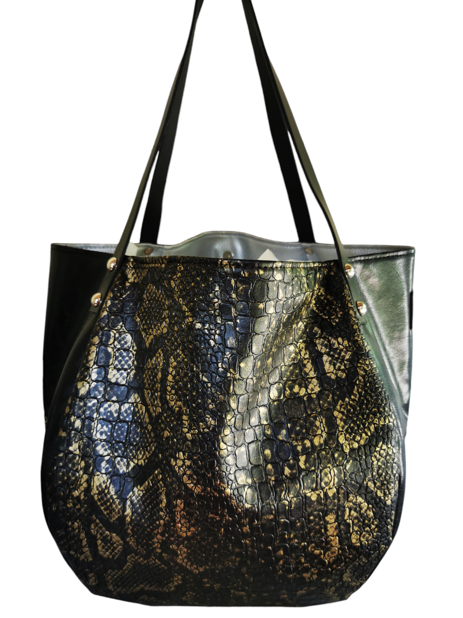 Sac baluchon en simili reptile noir et or – Image 5