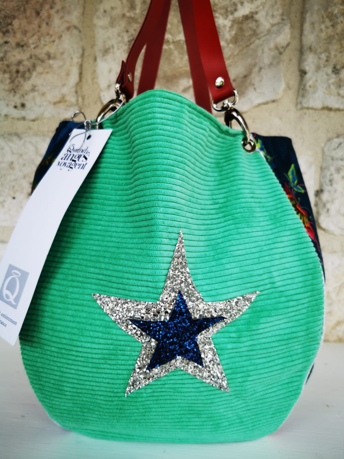 Sac à main forme baluchon en association de velours ras bohème et de velours uni côtelé vert – Image 4