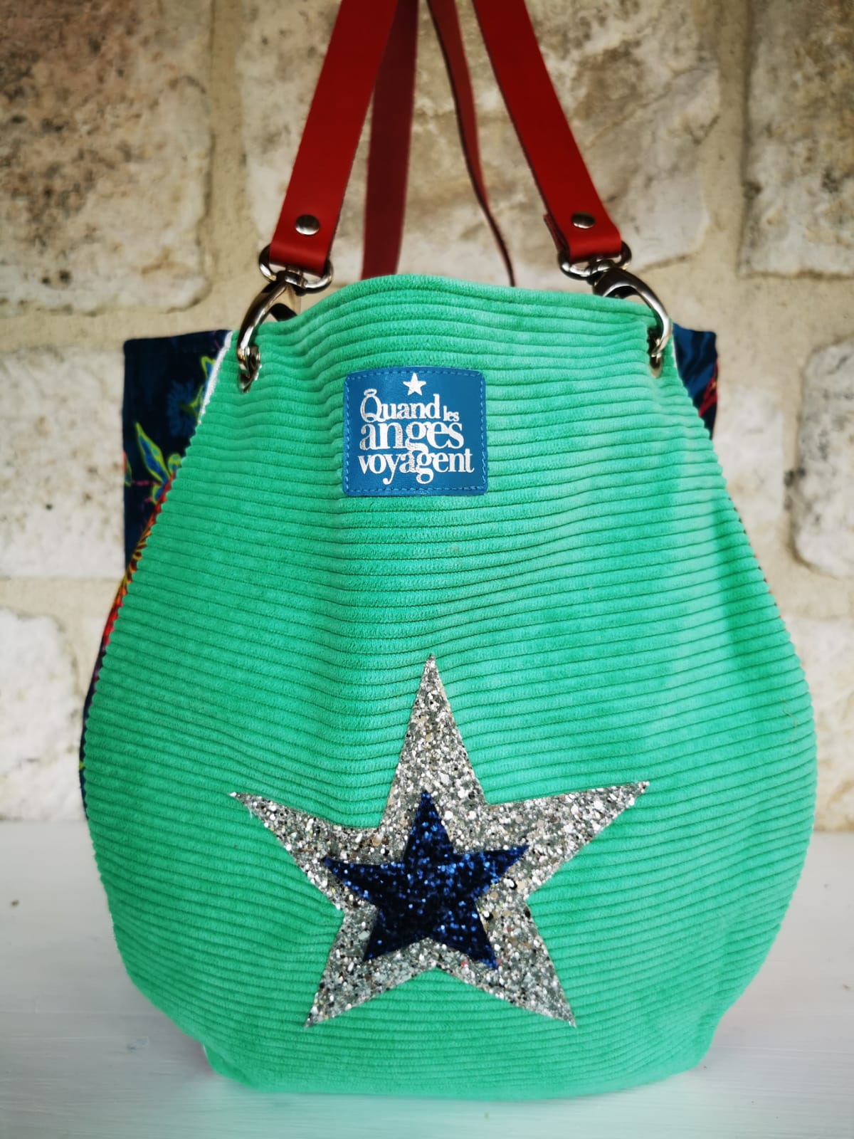 Sac à main forme baluchon en association de velours ras bohème et de velours uni côtelé vert – Image 3