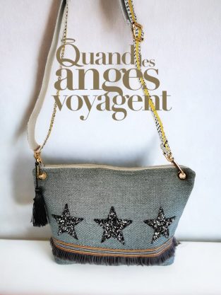 Sac bandoulière en lin à chevrons bleu glacier & étoiles glitter