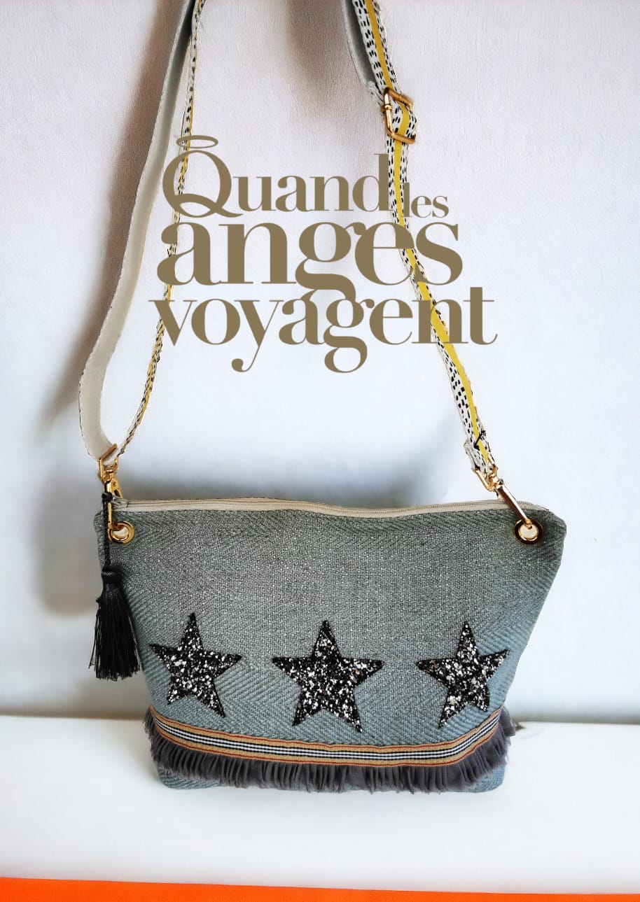 Sac bandoulière en lin à chevrons bleu glacier & étoiles glitter