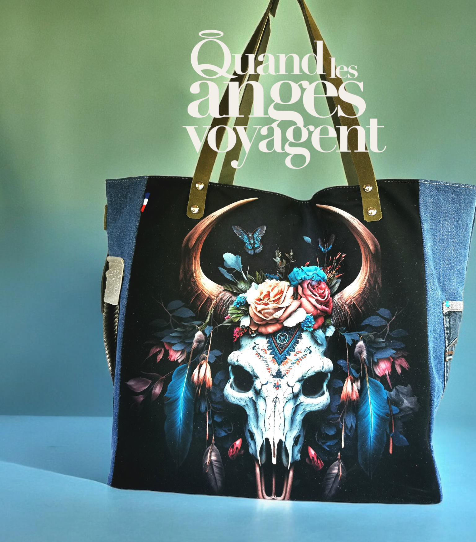 Cabas grande taille crâne fleuri